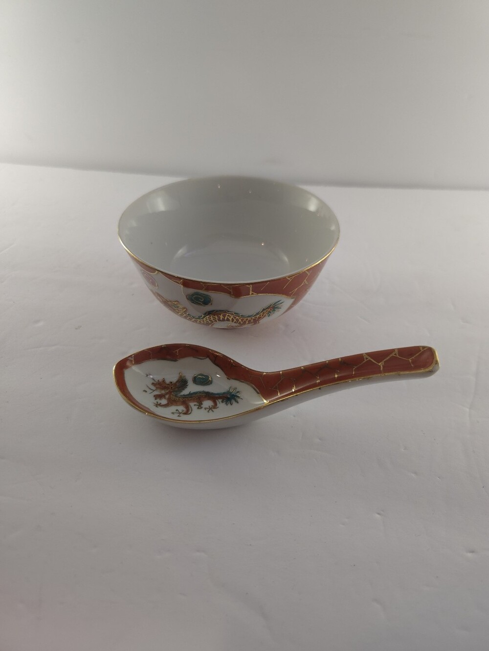Vintage Japanese Porcelain Kutani-Style Dragon & Phoenix Soup Bowl and Spoon Set